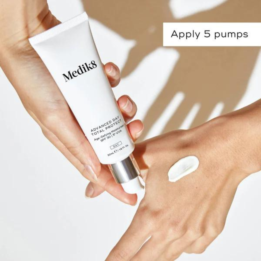 MEDIK8 Advanced Day Total Protect SPF30 50ml: Shield your skin with MEDIK8 Advanced Day Total Protect, a multi-tasking moisturizer with SPF30 that provides advanced protection against UV rays, environmental aggressors, and premature aging for a healthy and protected complexion.