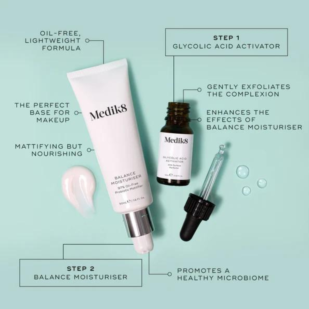 MEDIK8 Balance Moisturiser With Glycolic Acid Activator 50ml: Achieve balanced and radiant skin with MEDIK8 Balance Moisturiser, a hydrating moisturizer infused with glycolic acid activator to promote smoother, clearer, and more even-toned complexion.