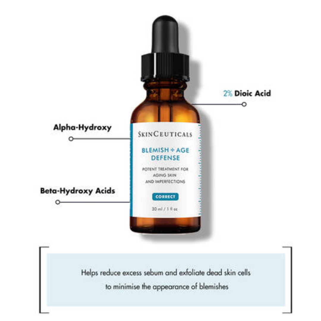 SKINCEUTICALS Blemish + Age Defence 30ml: Combat blemishes and signs of aging with SKINCEUTICALS Blemish + Age Defence, a targeted serum that helps to reduce acne breakouts, minimize pore congestion, and diminish the appearance of fine lines and wrinkles for a clearer, smoother, and more youthful-looking complexion