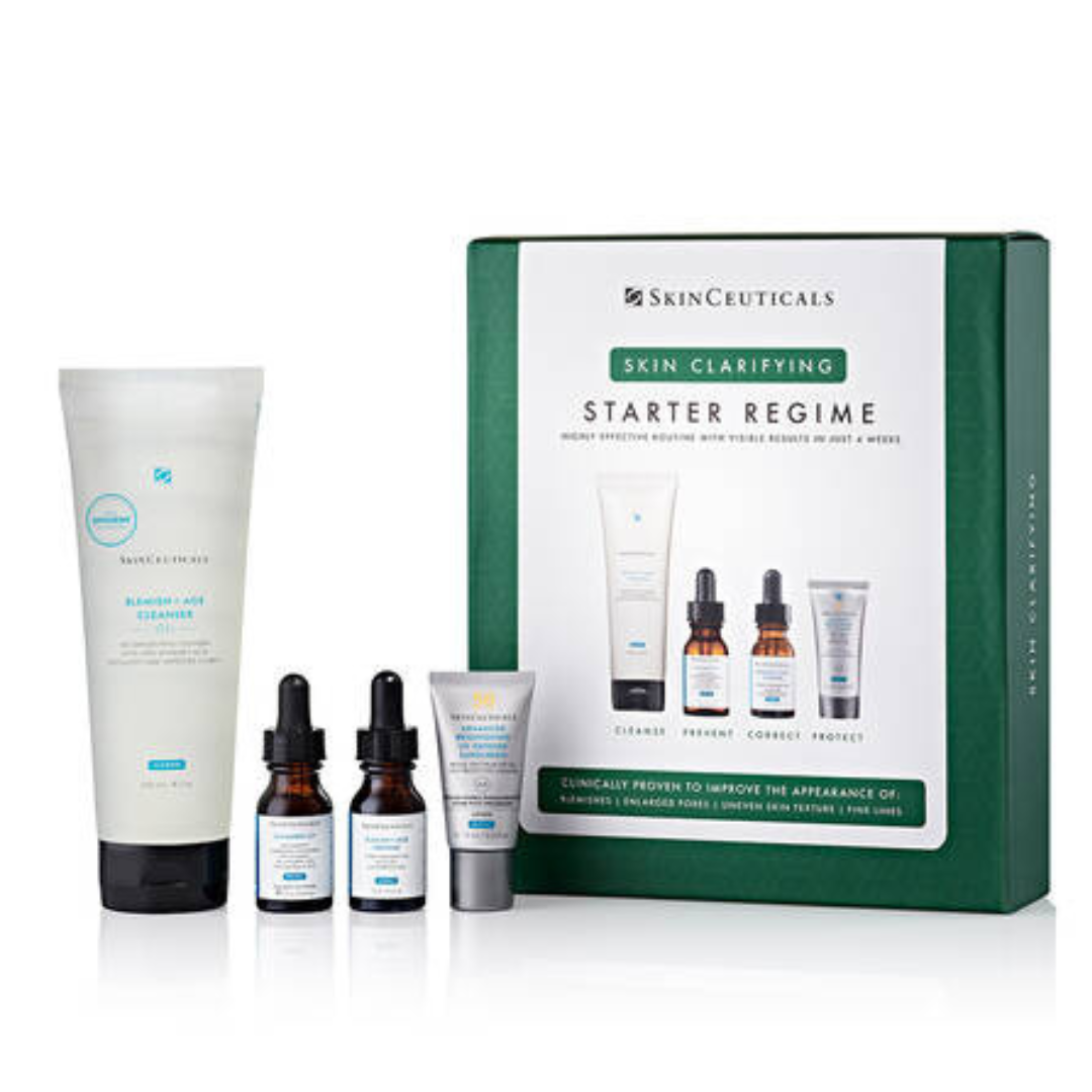 SkinCeuticals Skin Clarifying Starter Kit for Oily and Blemish-Prone Skin - Includes Blemish + Age Cleanser 240ml, Silymarin CF 15ml, Blemish + Age Defence 15ml, and Advanced Brightening UV Defence 15ml