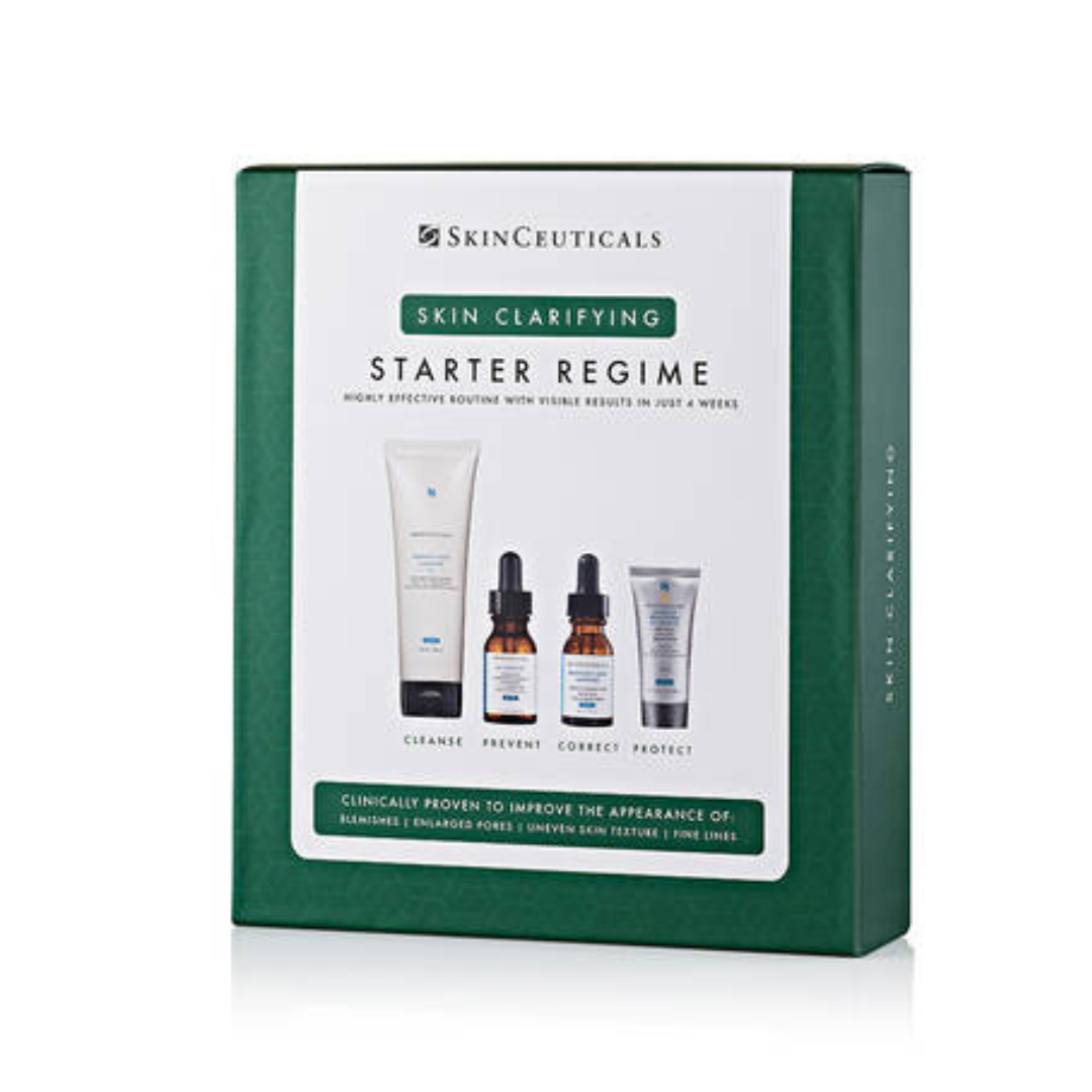 SkinCeuticals Skin Clarifying Starter Kit for Oily and Blemish-Prone Skin - Includes Blemish + Age Cleanser 240ml, Silymarin CF 15ml, Blemish + Age Defence 15ml, and Advanced Brightening UV Defence 15ml