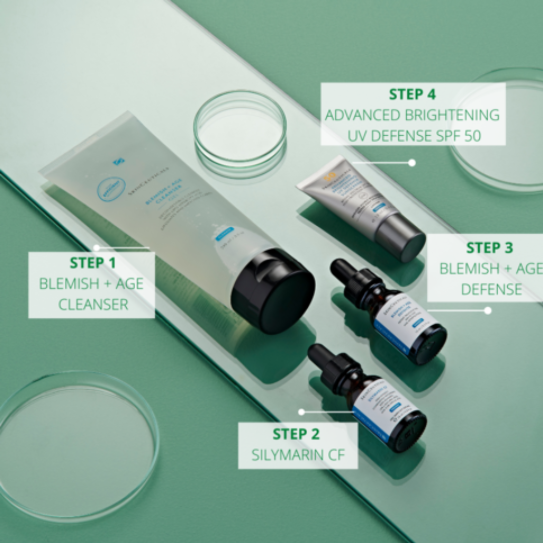 SkinCeuticals Skin Clarifying Starter Kit for Oily and Blemish-Prone Skin - Includes Blemish + Age Cleanser 240ml, Silymarin CF 15ml, Blemish + Age Defence 15ml, and Advanced Brightening UV Defence 15ml