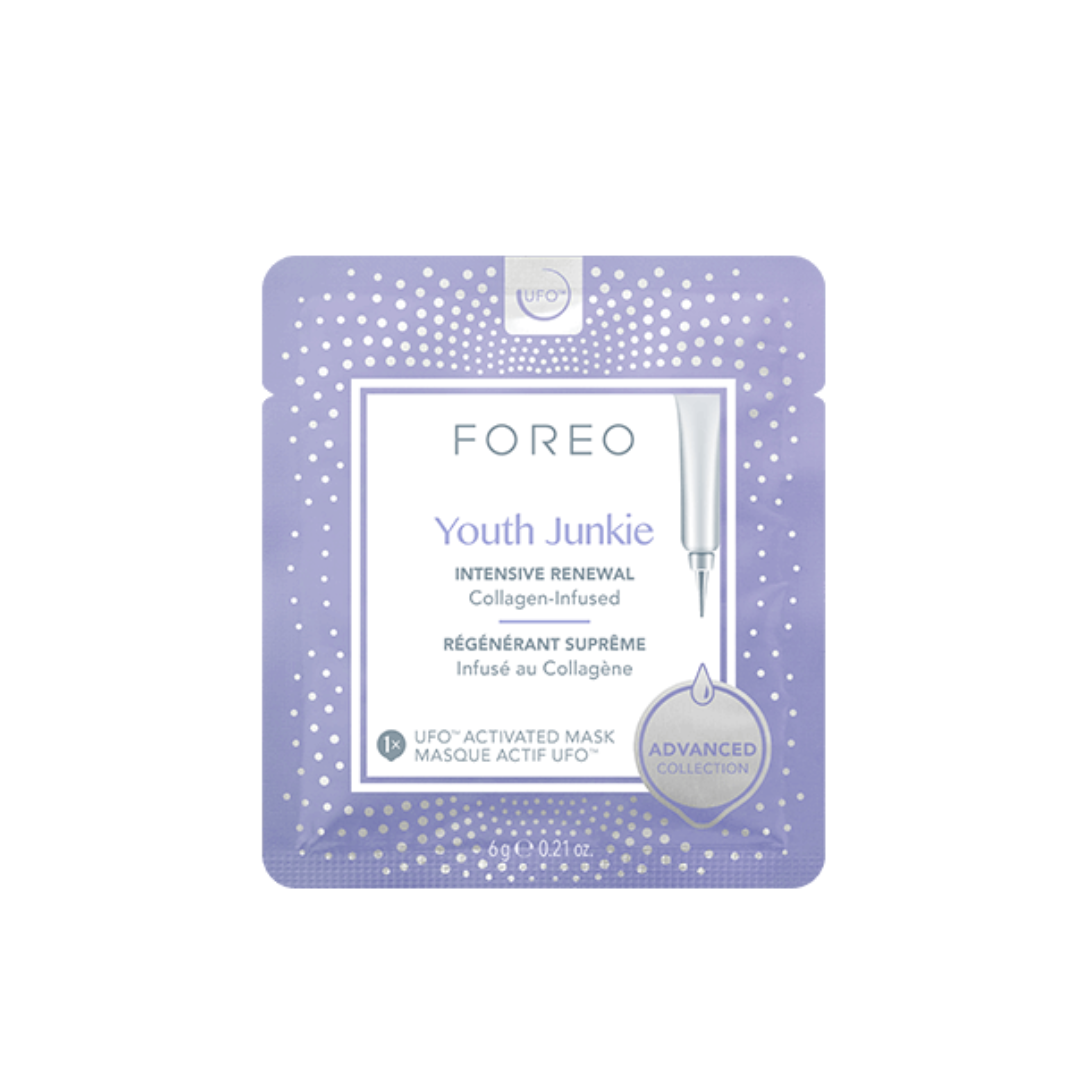 FOREO UFO Masks Youth Junkie x 6: Reveal youthful and radiant skin with this set of 6 FOREO UFO Youth Junkie face masks, formulated to target signs of ageing and restore a youthful complexion