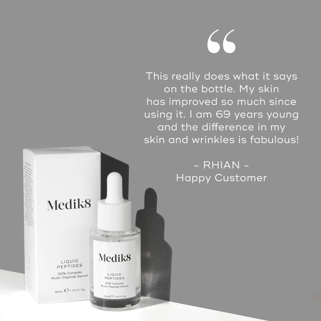 MEDIK8 Liquid Peptides 30ml: Unlock the power of peptides with MEDIK8 Liquid Peptides, a potent anti-aging serum formulated to promote firmness, smoothness, and youthful-looking skin for a revitalised and radiant complexion.
