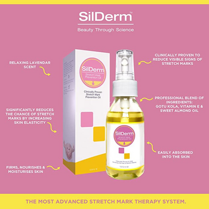 SILDERM Stretch Mark Prevention Oil Spray 120ml: Prevent and nourish stretch marks with SILDERM Stretch Mark Prevention Oil Spray, a specialized formula enriched with essential oils and vitamins that moisturizes and conditions the skin, promoting elasticity and reducing the appearance of stretch marks