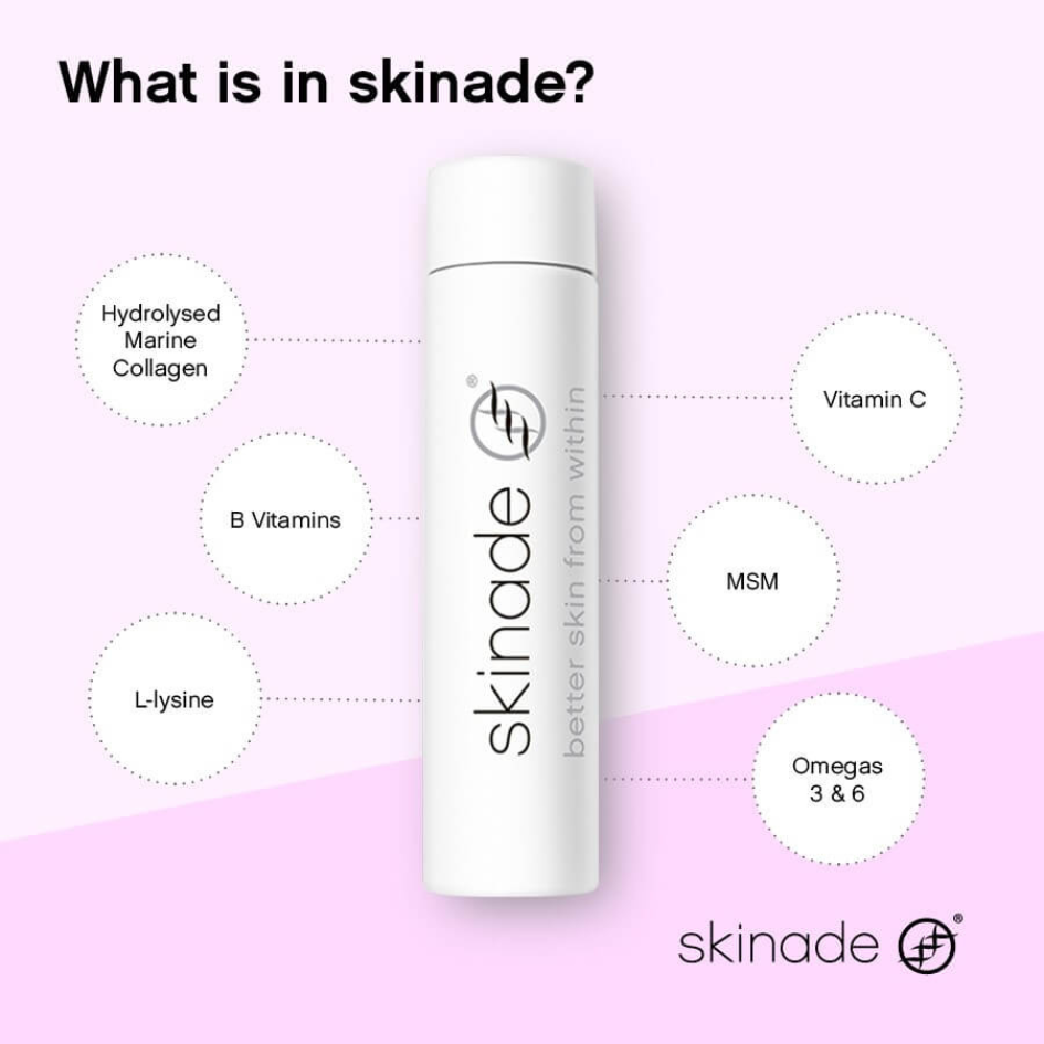 SKINADE Collagen Drinks - Bottles: Boost your skin's health with SKINADE Collagen Drinks, a rejuvenating blend of collagen and essential nutrients in convenient bottle form, promoting hydrated, glowing skin from within for a youthful and radiant complexion.