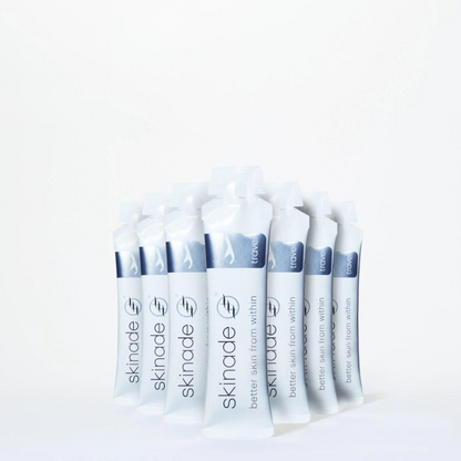 SKINADE Collagen Drinks - Travel Supply: Enhance your skincare routine on-the-go with SKINADE Collagen Drinks in a convenient travel supply, providing essential collagen and nutrients to nourish and revitalize your skin, promoting a healthy and radiant complexion.