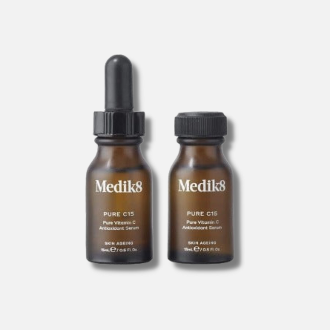 MEDIK8 Pure C15 - 2 x 15ml: Experience the power of pure vitamin C with MEDIK8 Pure C15, a potent antioxidant serum that brightens, firms, and protects the skin, revealing a more youthful and radiant complexion.