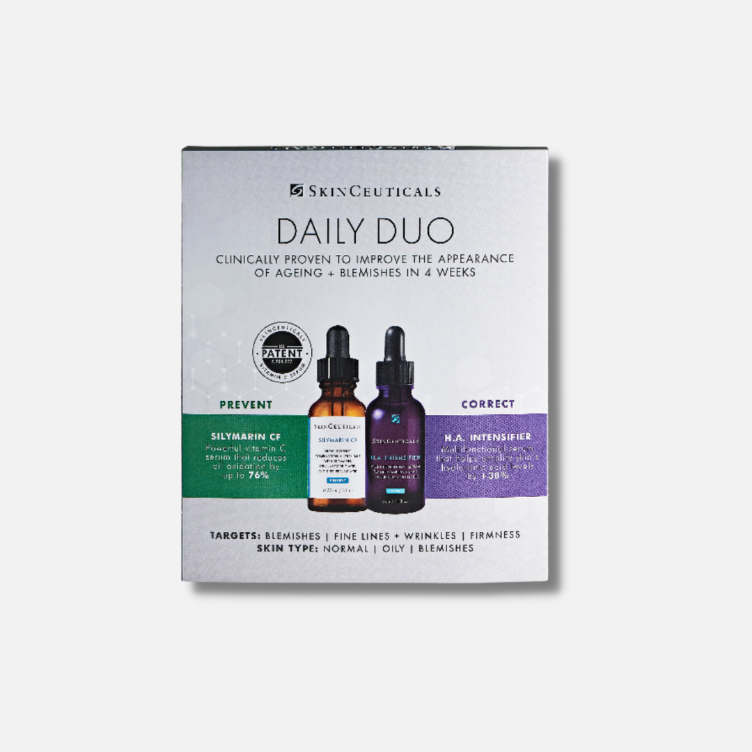 SkinCeuticals Daily Duo [Silymarin CF 30ml + H.A. Intensifier 30ml] for Normal, Oily and Blemish-Prone Skin: Experience the power of the SkinCeuticals Daily Duo, featuring Silymarin CF and H.A. Intensifier. This targeted combination is designed to address the unique needs of oily and blemish-prone skin, helping to reduce excess oil, control blemishes, and improve overall skin clarity for a healthier and more balanced complexion.