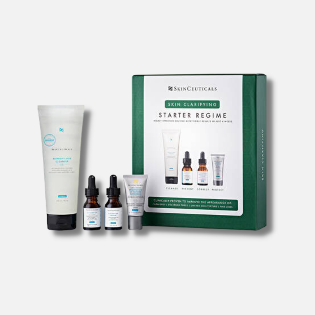 SkinCeuticals Skin Clarifying Starter Kit for Oily and Blemish-Prone Skin - Includes Blemish + Age Cleanser 240ml, Silymarin CF 15ml, Blemish + Age Defence 15ml, and Advanced Brightening UV Defence 15ml